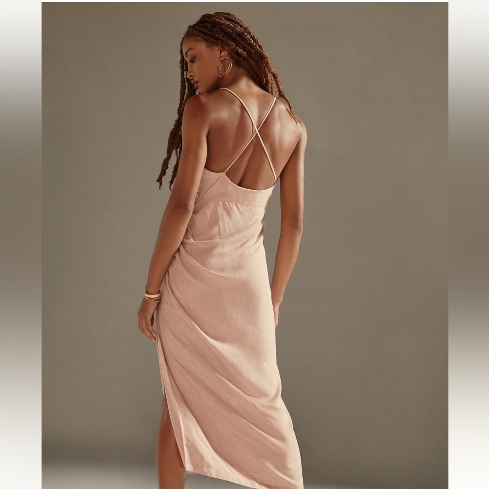 By Anthropologie Ruched Asymmetrical Linen Blend Peach Pink Cocktail Dress 6